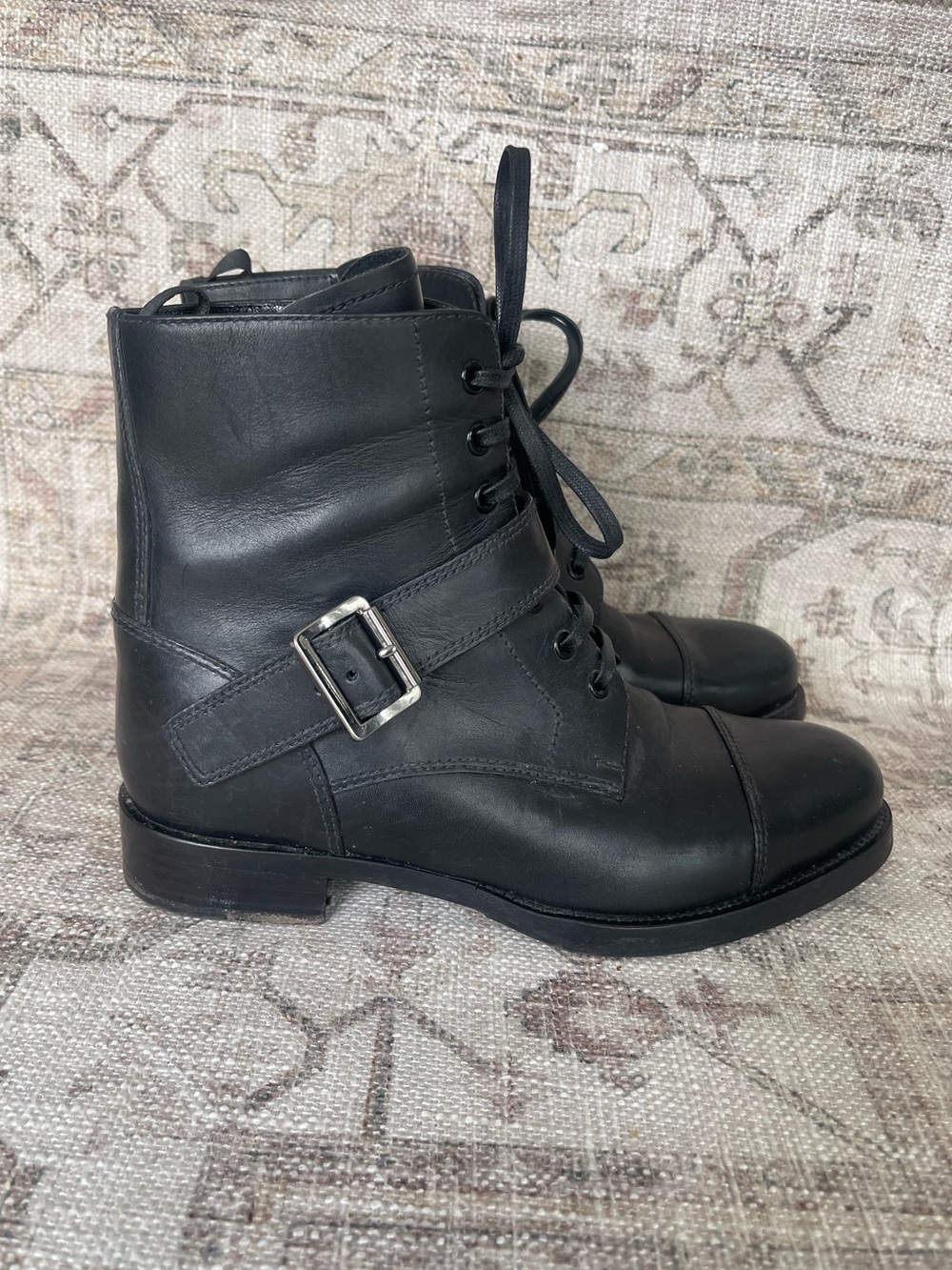 Prada Monk Strap Black Leather Lace-Up Combat Ankle Boots with Buckle - Picture 2 of 10